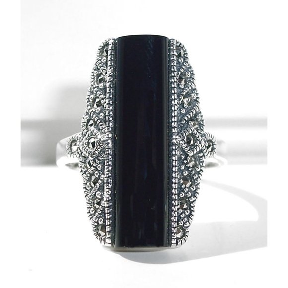 925 STERLING SILVER Tall Black Onyx & Marcasite Ring - Picture 2 of 15